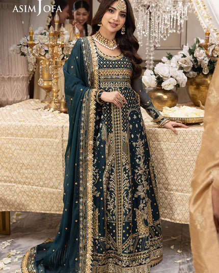 Asim Jofa | Green Embroidered Chiffon Maxi Dress