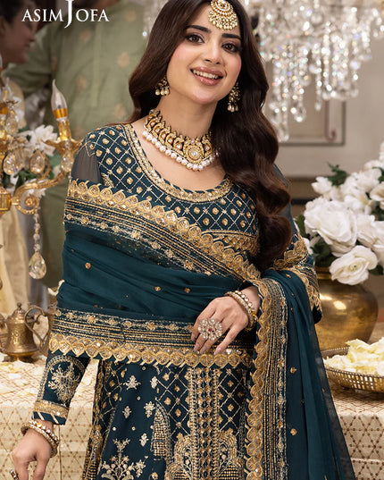 Asim Jofa | Green Embroidered Chiffon Maxi Dress