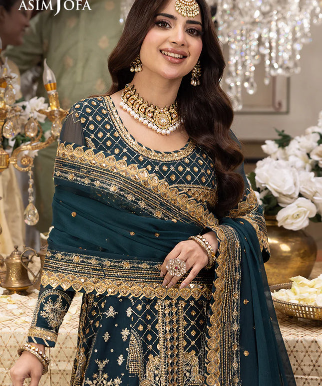 Asim Jofa | Green Embroidered Chiffon Maxi Dress