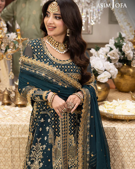 Asim Jofa | Green Embroidered Chiffon Maxi Dress