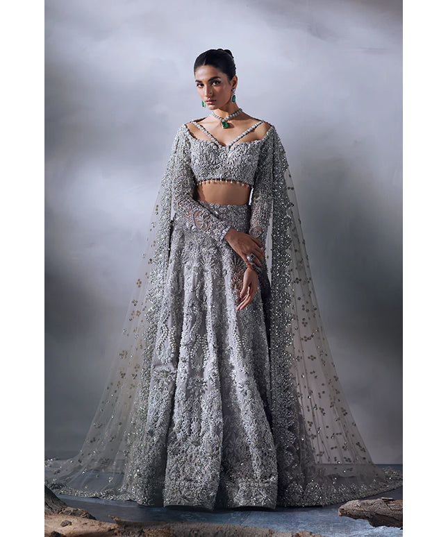 Soraya | Grey Organza Embellished Bridal Lehenga Choli