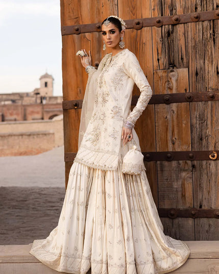 Roshaneh | Off White Tussel Silk Embroidered Hand Embellished Gharara