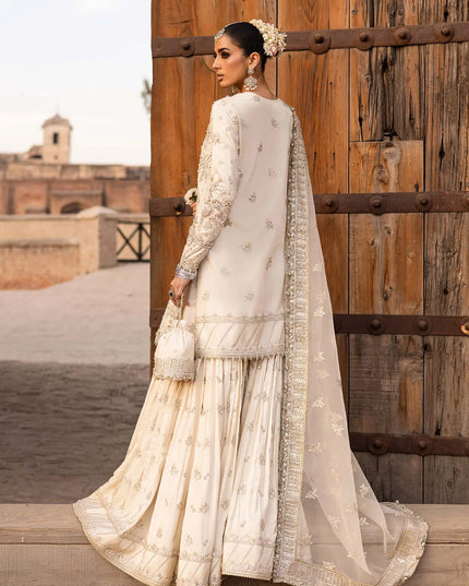 Roshaneh | Off White Tussel Silk Embroidered Hand Embellished Gharara