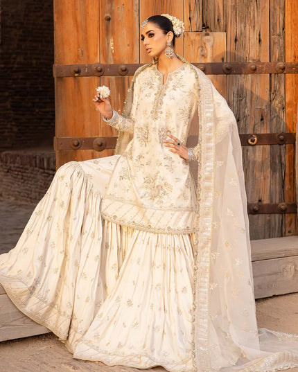 Roshaneh | Off White Tussel Silk Embroidered Hand Embellished Gharara