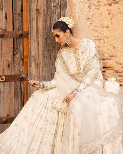 Roshaneh | Off White Tussel Silk Embroidered Hand Embellished Gharara