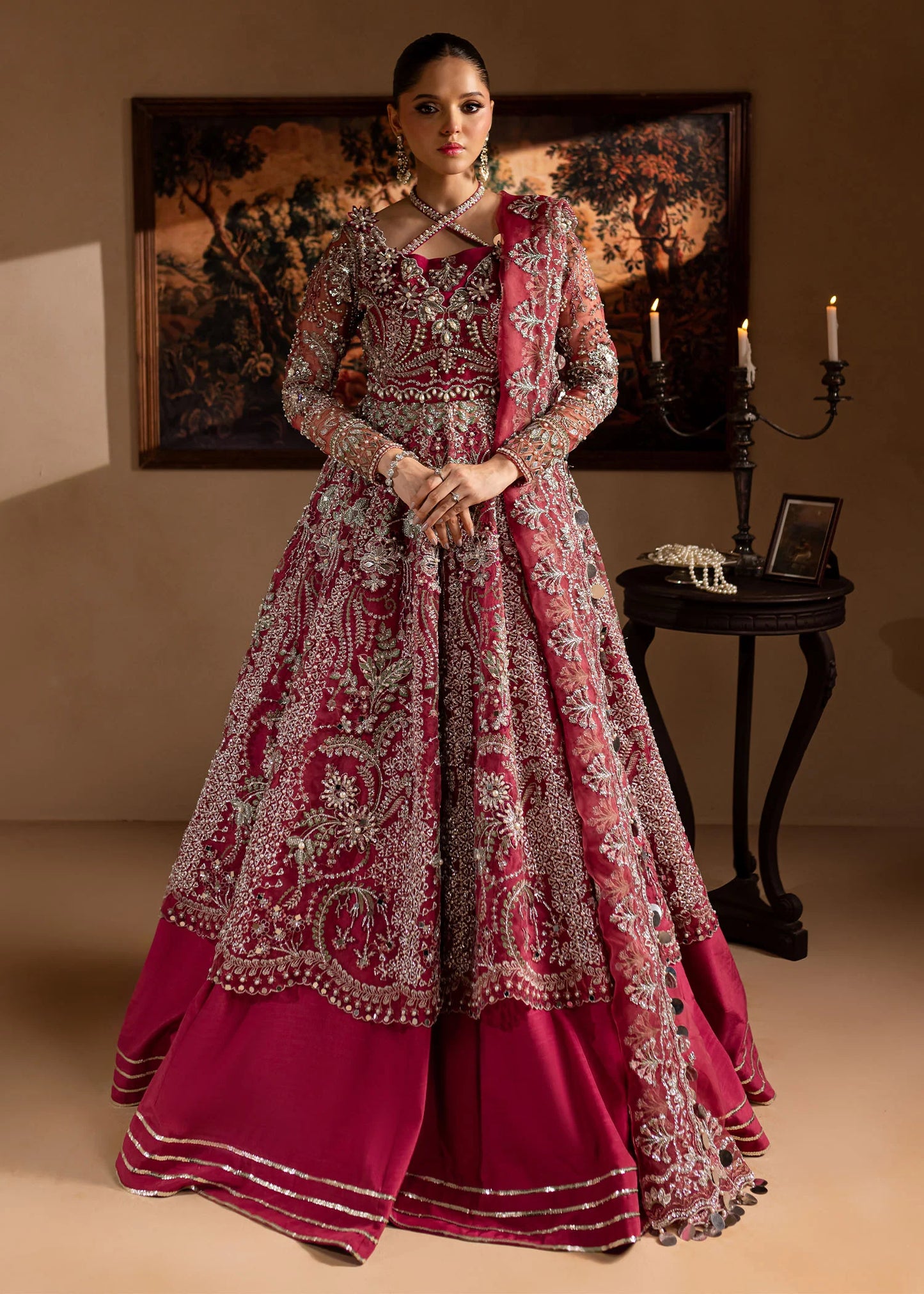 Nayaab | Magenta Embroidered Hand Embellished Pishwas Lehenga