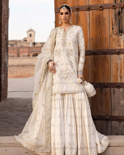 Roshaneh | Off White Tussel Silk Embroidered Hand Embellished Gharara