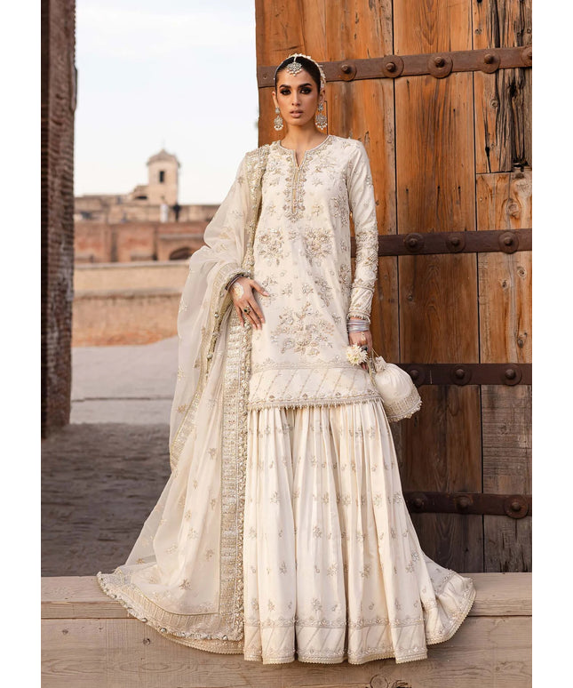 Roshaneh | Off White Tussel Silk Embroidered Hand Embellished Gharara