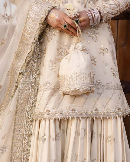 Roshaneh | Off White Tussel Silk Embroidered Hand Embellished Gharara