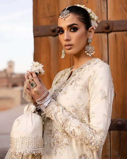 Roshaneh | Off White Tussel Silk Embroidered Hand Embellished Gharara