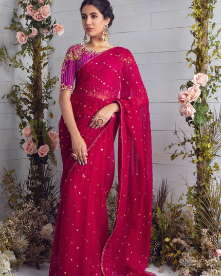 Deena | Pink Chiffon Embellished Saree