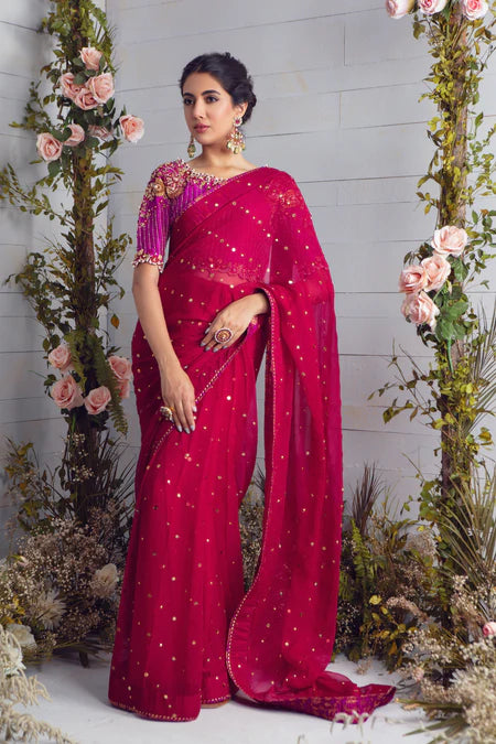 Deena | Pink Chiffon Embellished Saree