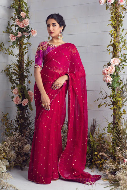 Deena | Pink Chiffon Embellished Saree
