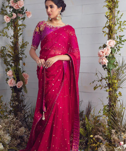 Deena | Pink Chiffon Embellished Saree