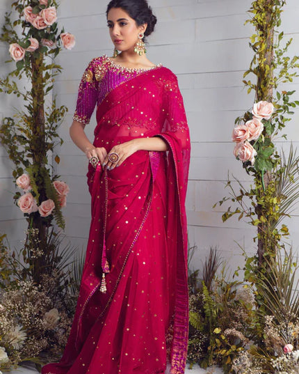 Deena | Pink Chiffon Embellished Saree