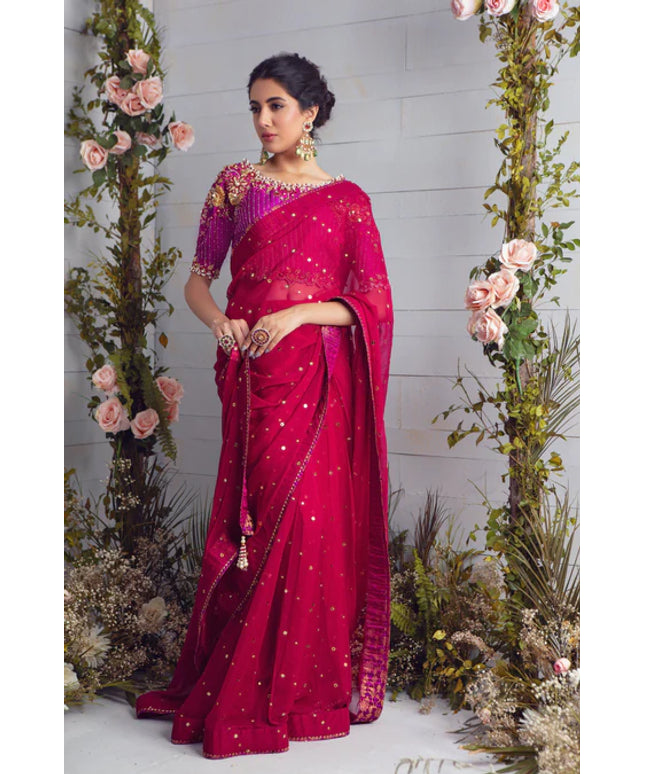 Deena | Pink Chiffon Embellished Saree