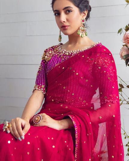 Deena | Pink Chiffon Embellished Saree
