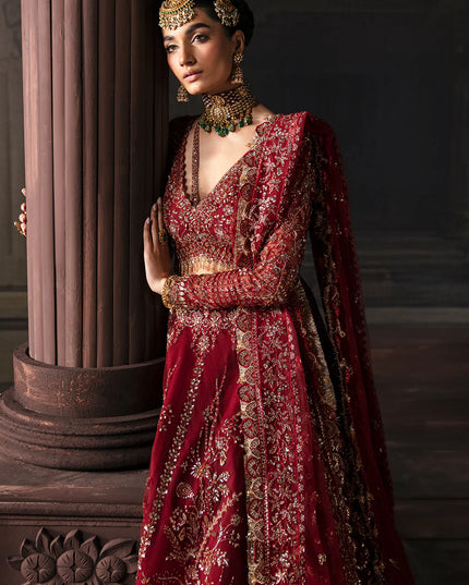 Emmaline | Maroon Net Organza Embellished Lehenga Choli