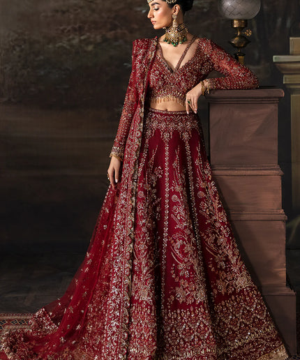 Emmaline | Maroon Net Organza Embellished Lehenga Choli
