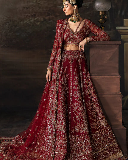 Emmaline | Maroon Net Organza Embellished Lehenga Choli