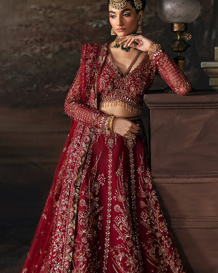 Emmaline | Maroon Net Organza Embellished Lehenga Choli