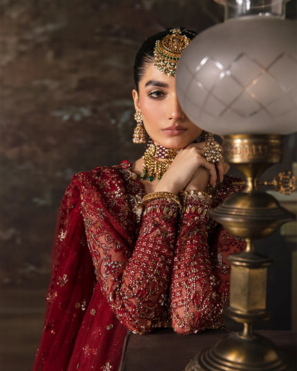 Emmaline | Maroon Net Organza Embellished Lehenga Choli