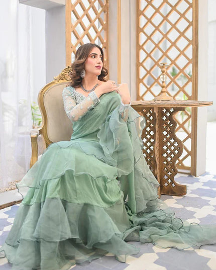 Fern | Mint Green Ruffled Chiffon Saree