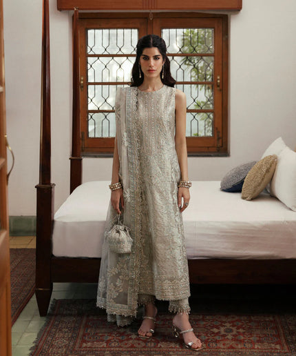 Faiza Saqlain | Light Stone Gray Embroidered Tissue Suit