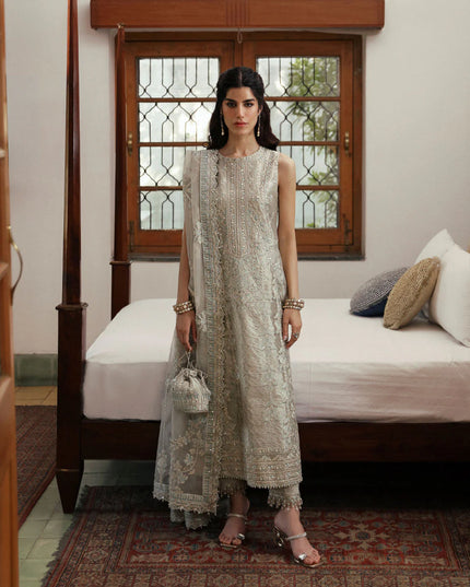 Faiza Saqlain | Light Stone Gray Embroidered Tissue Suit