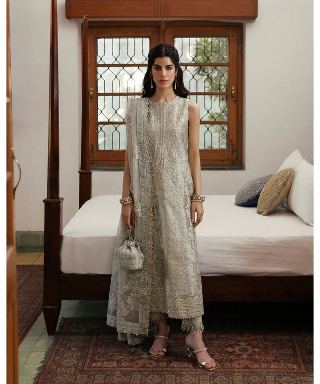 Faiza Saqlain | Light Stone Gray Embroidered Tissue Suit