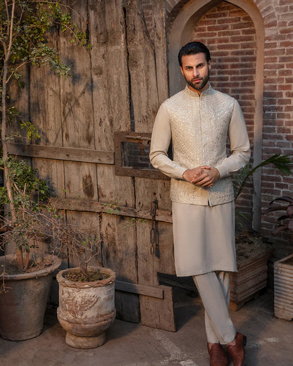 Faiza Saqlain Sand Grey Embroidered Korean Raw Silk Set