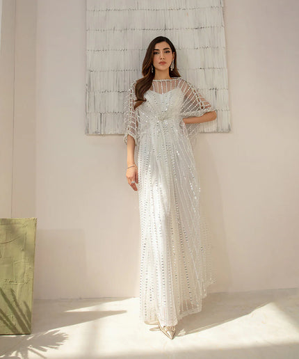 Faiza Saqlain | White Net Embellished Kaftan