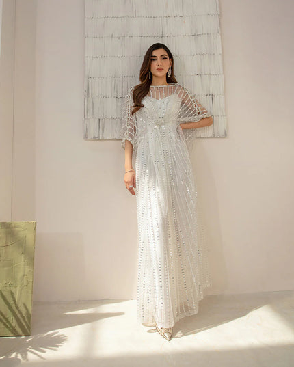 Faiza Saqlain | White Net Embellished Kaftan