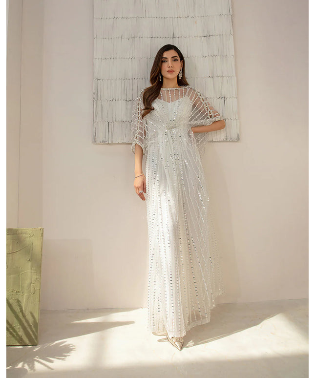 Faiza Saqlain | White Net Embellished Kaftan