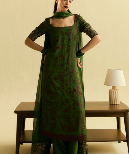 Zara ShahJahan | Moss Green Chiffon Georgette Embroidered Suit
