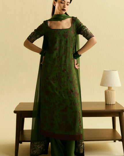 Zara ShahJahan | Moss Green Chiffon Georgette Embroidered Suit