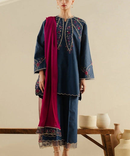 Zara ShahJahan | Navy Cambric Floral Embroidered Suit