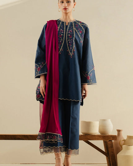 Zara ShahJahan | Navy Cambric Floral Embroidered Suit