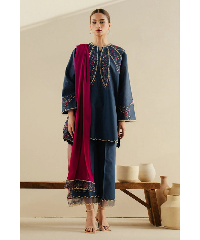 Zara ShahJahan | Navy Cambric Floral Embroidered Suit