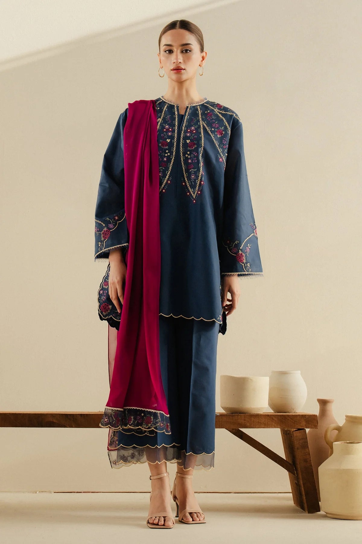 Zara ShahJahan | Navy Cambric Floral Embroidered Suit