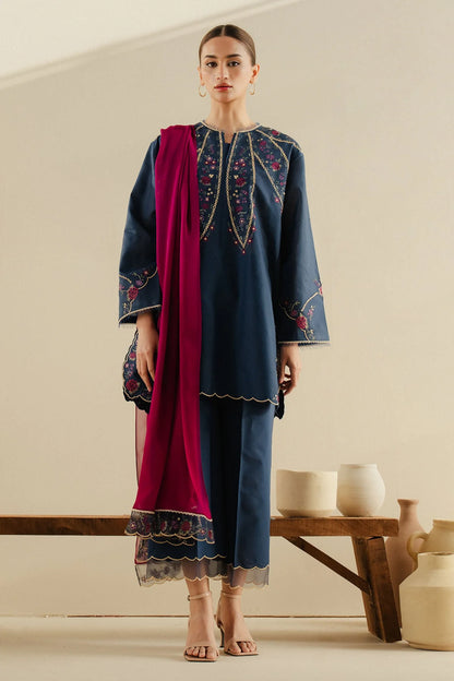 Zara ShahJahan | Navy Cambric Floral Embroidered Suit