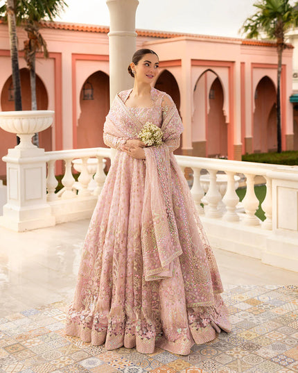 Faiza Saqlain | Powder Pink Net Embroidered Maxi Dress