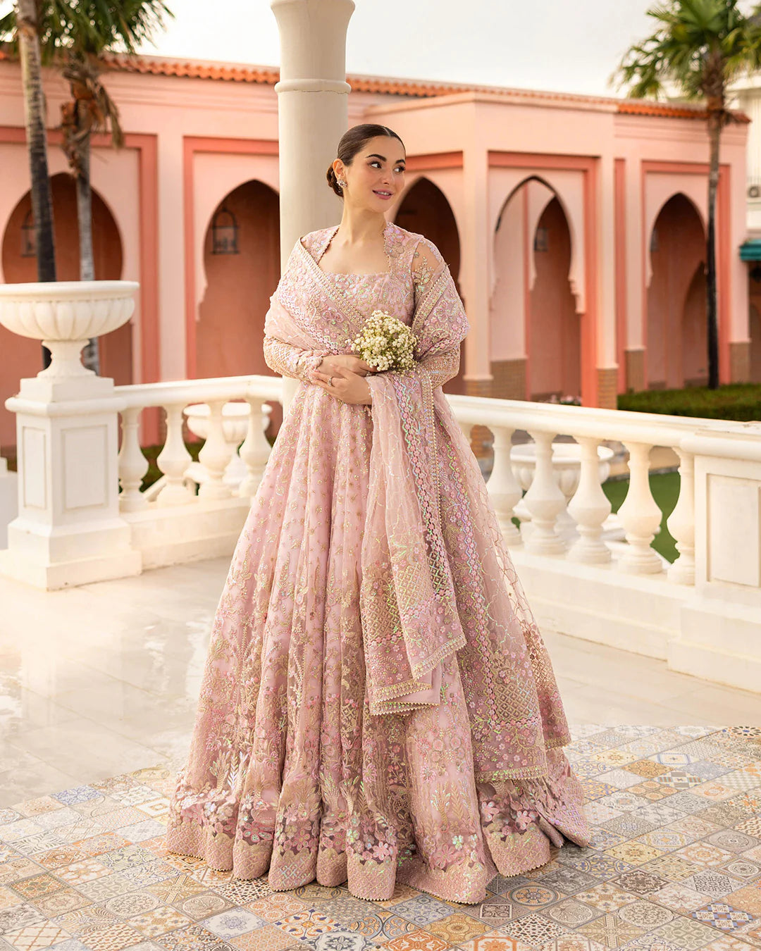Faiza Saqlain | Powder Pink Net Embroidered Maxi Dress