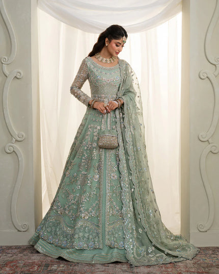 Faiza Saqlain | Mint Green Organza Embroidered Embellished Maxi Gown