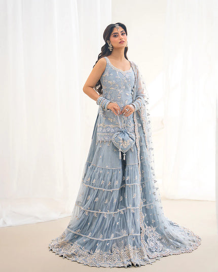 Faiza Saqlain | Ice Blue Net Embroidered Gharara