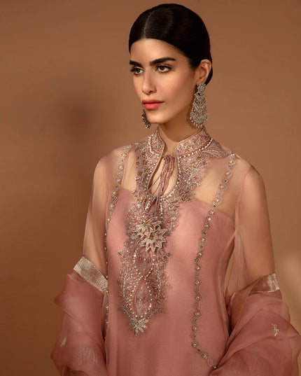 Faiza Saqlain | Peach Embellished Organza Suit