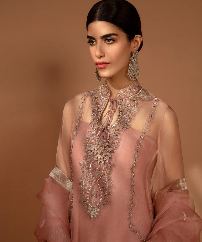 Faiza Saqlain | Peach Embellished Organza Suit