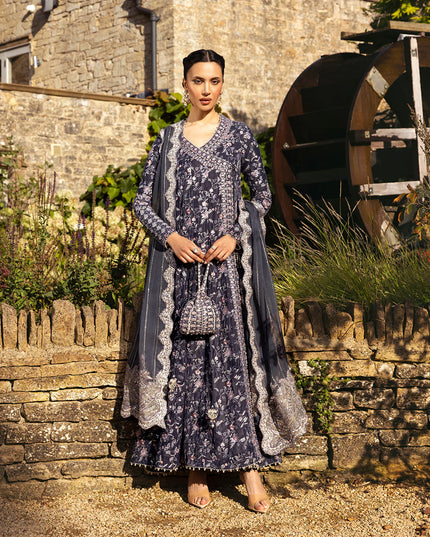 Faiza Saqlain | Charcoal Grey Embroidered Velvet Angrakha