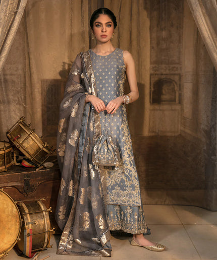 Faiza Saqlain | Pale Blue Embroidered Korean Raw Silk Suit