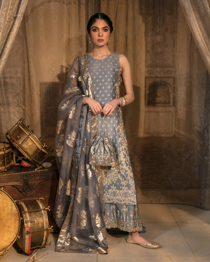 Faiza Saqlain | Pale Blue Embroidered Korean Raw Silk Suit